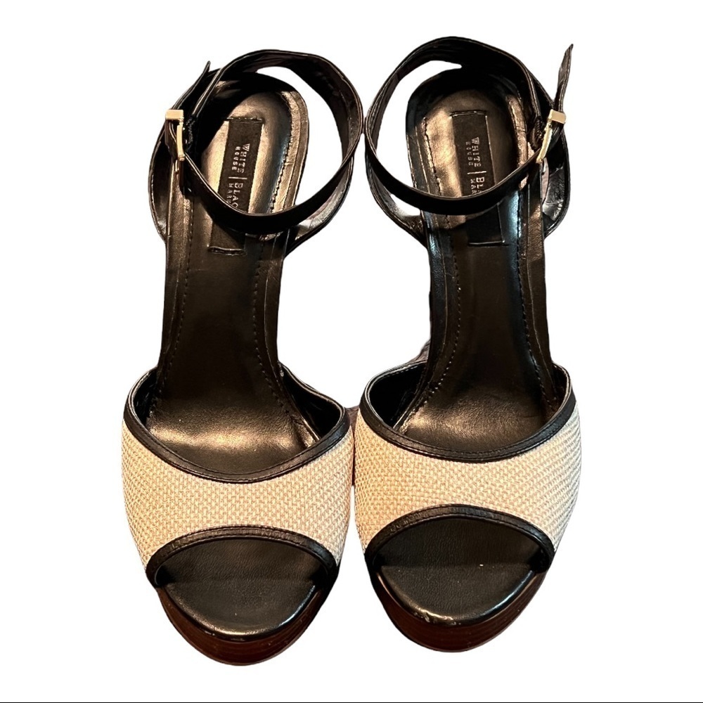 WHBM Celina Heels 9.5M Black Ivory Open Toe Chunky Platform